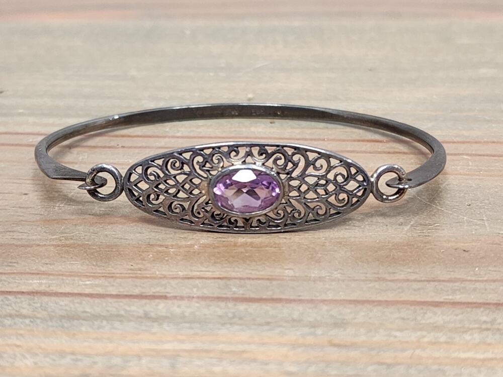 Vintage BOMA 925 Sterling Silver Amethyst Hinged Bangle Bracelet Filigree